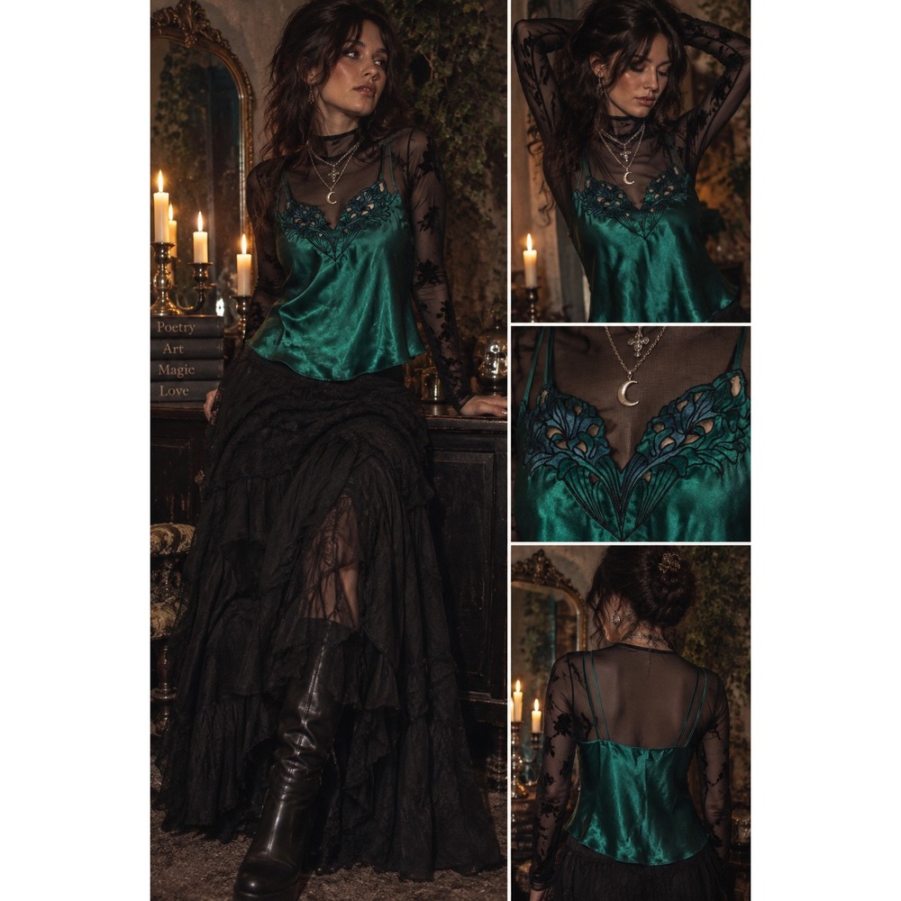 Vintage Victorias Secret Emerald Satin Cami M Floral Appliqué Whimsigoth 90s Y2K